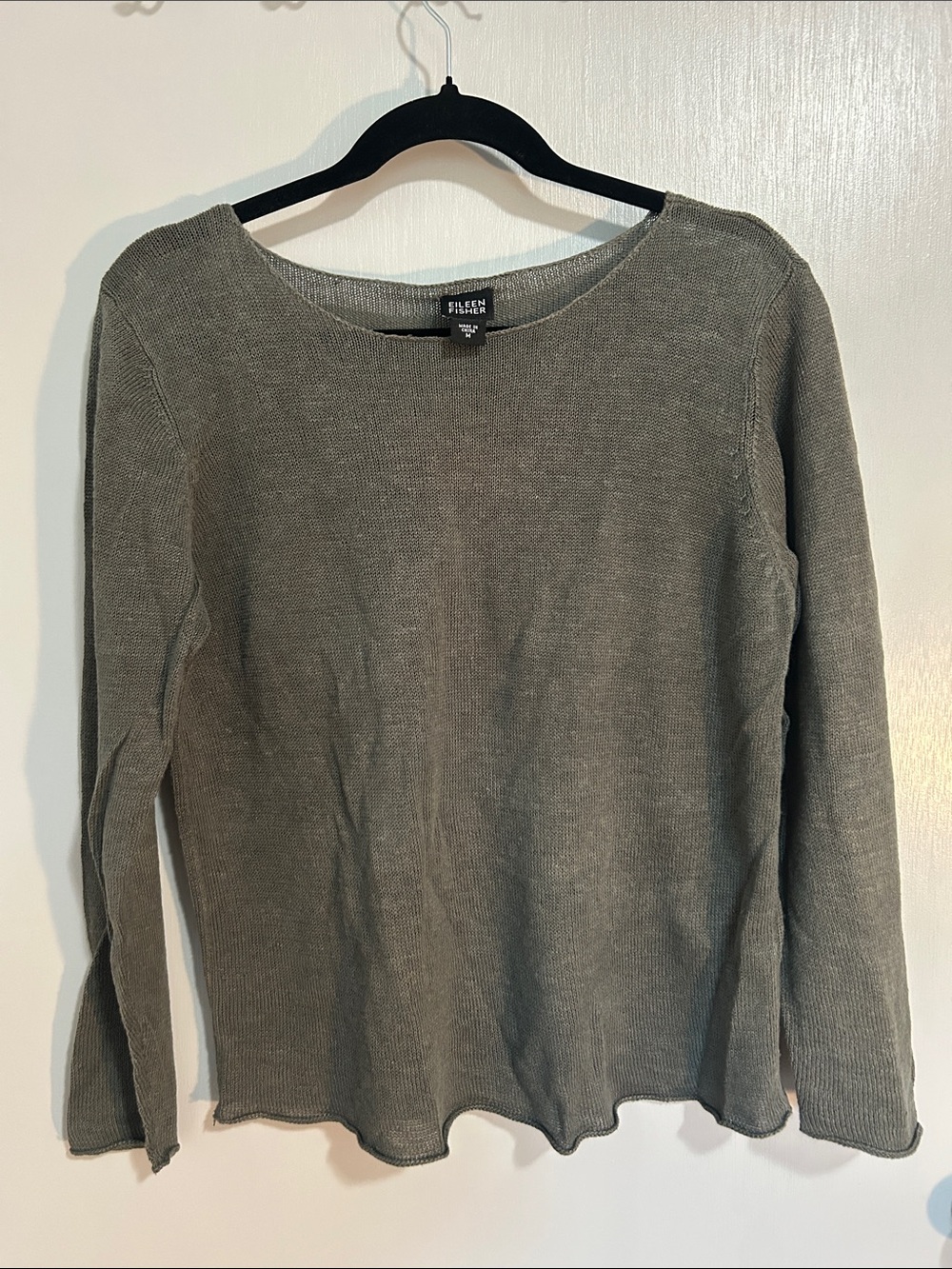 Eileen Fisher Olive Green Lightweight Knit Sweater 100% Linen Boho Quiet Luxury